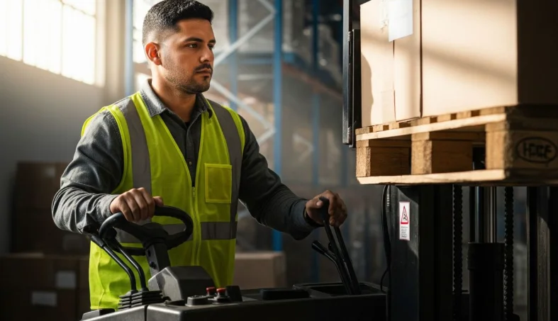 Operario de logística manejando un equipo de elevación de pallets en una bodega
